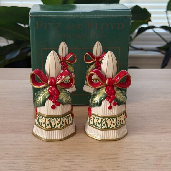 Fitz & Floyd Christmas Bells Salt & Pepper Shakers Handcrafted Ceramic Set Of Tw - Picture 1 of 7
